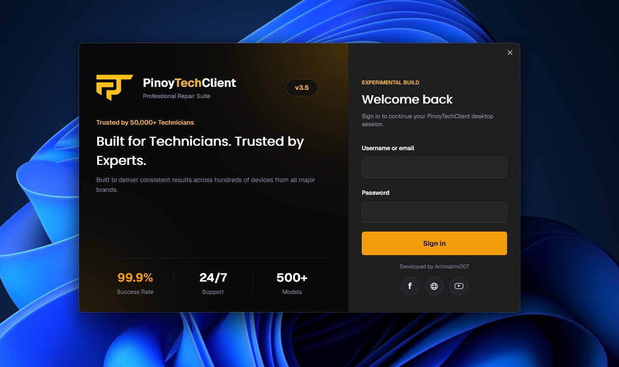 PinoyTechClient desktop sign-in screen